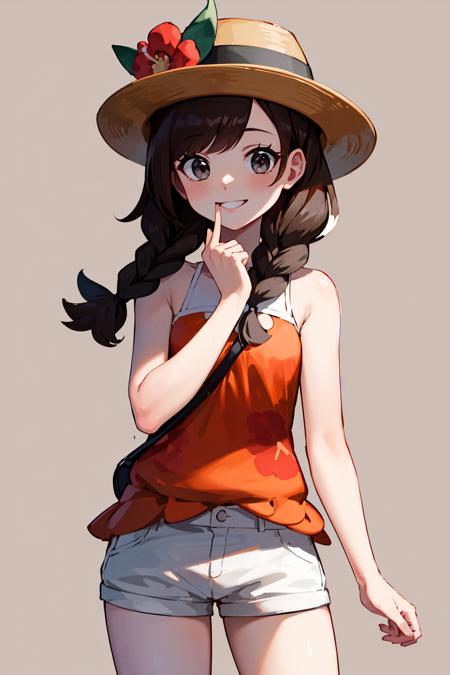 masterpiece, best quality, highres, selene2, 1girl, solo, white shorts, selene \(pokemon\), twin braids, shirt, hat flower, long hair, bangs, red flower, orange shirt, eyelashes, sleeveless, brown hair, brown headwear, grey eyes, sleeveless shirt, short shorts, jewelry, floral print, <lora:selene_(pokemon)_v1:0.6>,  cowboy shot, smile, stading,