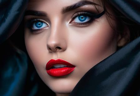 minimalistic black background with a beautiful woman's face partially obscured in the style of flowing satin fabric, blue bright eyes:1.4,red lips:1.2, a little bit of closeup creating an enigmatic and mysterious atmosphere. the dark tones accentuate the dramatic effect of her lips and hair against the stark contrast between lightness and darkness in the composition. this design is perfect for conveying a sense of mystery or depth. the ultra realistic photography style accentuates the dramatic effect this stunning image is rendered in insanely high resolution, realistic, 8k, hd, hdr, xdr, (focus + sharpen + wide-angle 8k resolution + hdr10 ken burns effect + adobe lightroom + rule-of-thirds + high-detailed bark. minimalist abstraction: 1.2), (subtle gradient backdrop: 1.1), (tranquil yet evocative: 1.2), (conceptual portraiture: 1.3), (play on perception: 1.2), (canon eos 5d mark iii: 0.91), (1/160s: 0.91), (f/8: 0.91), (iso 100: 0.91), (surreal calm: 1.1), (visual metaphor: 1.3), (<lora:zavy-dtchngl-sdxl:0.8> zavy-dtchngl: 0.91), <lora:d\EnvyZoomSliderXL01:1.4>