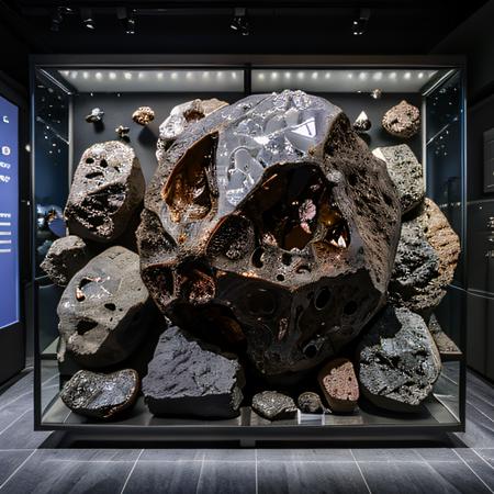 antixdisplay, meteorite remains in a glass box display, 8k uhd, 4k intricate complex highly detailed, ray traced