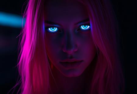 Create a high-resolution, ultra-realistic professional photo of a woman with long, neon-pink hair, illuminated in a dark, moody setting. Her eyes are glowing with an eerie, supernatural white light, giving an intense, hypnotic gaze. The lighting is dim, casting deep shadows on her face, with neon hues of magenta and cyan subtly highlighting her features. Her expression is serious and mysterious, evoking a sense of otherworldly allure. The atmosphere should feel futuristic and ethereal, with high contrast between light and shadow. Capture every detail in her hair strands, skin texture, and makeup for maximum realism and depth, emphasizing a cinematic, atmospheric look with a cyberpunk aesthetic. Ensure the photo is in the highest detail, focusing on clarity, sharpness, and a slightly surreal, hypnotic ambiance