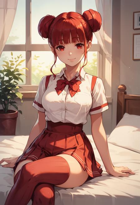 shunka  shunka, double bun, sidelocks, red eyes, red hair, blunt bangs, school uniform, red skirt, pink thighhighs, bow