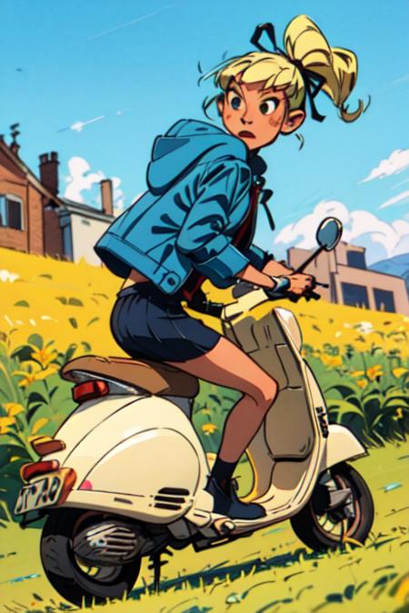 ((best quality)), ((masterpiece)), (detailed),(high-resolution:1.2), (adult woman),  action scene,
outdoor, green grass, sky, riding a white motor vehicle, white vespa scooter,
Seccotine, 1girl, blonde hair, ponytail, ribbon, blue jacket, squared skirt, superspeed, incoming