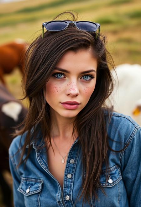 a beautiful woman, dark hair, blue eyes, pale skin, freckles, stunning, sunglasses, outside, farm, cow field