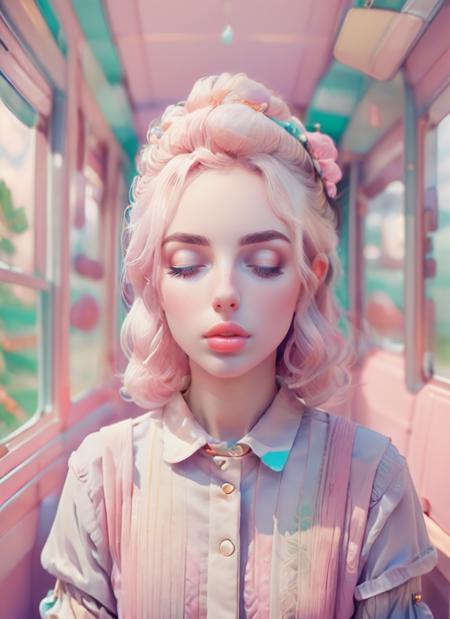 (masterpiece:1.3), (best quality:1.2), (intricate detailed:1.2), (hyperrealistic:1.2), (professional photograpy:1.1), highly detailed, absurd res, 1girl, sleeping on a train, lying against the wall, pastel color, low contrast, lofi, mellow, eyes closed,  <lora:rz-purepastel-15-v1:1>, directed by Wes Anderson