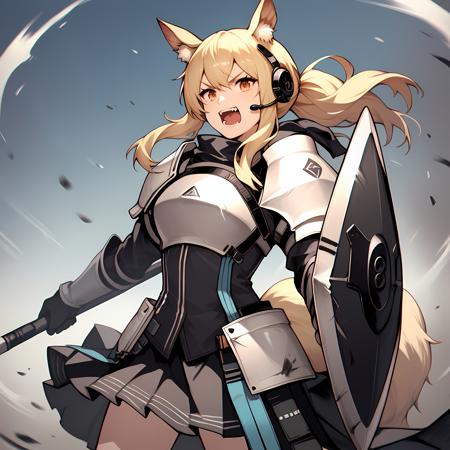 Nearl_Arknights animal ears, horse ears, blonde hair, animal ear fluff, headset, horse tail, white armor, black long black skirt, shield