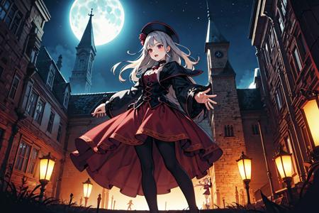 (masterpiece),(best quality:1.6), (ultra-detailed),gothic girl dancing with vampire man, moon,castle scape