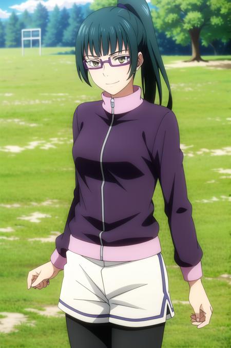 (masterpiece), high quality, (detailed background:1.3), 1girl, solo,
<lora:MakiZenin-v2-05:0.65>, ChopioMakiZenin, long hair, green hair, blunt bangs, high ponytail, brown eyes, glasses, semi-rimless eyewear, (looking at viewer:1.3),
hair tie,
outfit_2, purple jacket, long sleeves, white shorts, leggings, leggings under shorts,
sneakers
athletics field, school, grass, sunny,
standing, smile,