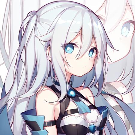 1girl,ia \(vocaloid\),blue eyes,white hair,(facial),(face),anime,outline,looking at viewer,flat chest,arms behind back,  <lora:QUAN-style-000007:1>