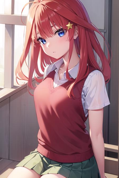 itsukinakano, <lyco:itsukinakano-lyco-nochekaiser:1>, 
itsuki nakano, bangs, blue eyes, hair between eyes, ahoge, red hair, star \(symbol\), hair ornament, star hair ornament,
BREAK skirt, shirt, school uniform, collarbone, white shirt, short sleeves, pleated skirt, socks, collared shirt, miniskirt, kneehighs, white socks, green skirt, sweater vest, red sweater vest,
BREAK indoors, school, classroom,
BREAK <lyco:GoodHands-beta2:1>, (masterpiece:1.2), best quality, high resolution, unity 8k wallpaper, (illustration:0.8), (beautiful detailed eyes:1.6), extremely detailed face, perfect lighting, extremely detailed CG, (perfect hands, perfect anatomy),