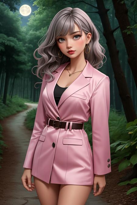 1girl, solo, Long-sleeved mini dress with a belt and structured blazer, Madam, Tall, Thin, Heart-Shaped Face, Olive Skin, Gray Hair, grey Eyes, Narrow Nose, Full Lips, Prominent Chin, Shoulder-Length Hair, Wavy Hair, Fringed Bangs, small breasts, Threader earrings, soft pink satin lipstick, a moonlit path through a dark forest
beautiful, detailed, best quality, high resolution, masterpiece, 8k