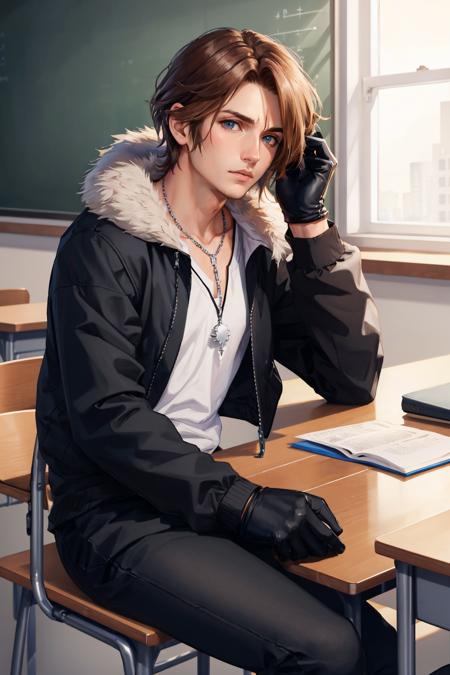 masterpiece, best quality, <lora:squall-nvwls-v1-000009:0.9> squall, scar, necklace, black jacket, fur trim, long sleeves, white t-shirt, black pants, black gloves, sitting, classroom, desk, looking at viewer, tired, resting head on desk