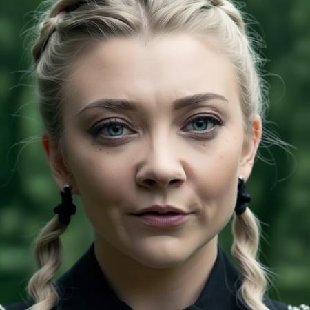 photo of (ohwx woman) as Wednesday Adamas, wearing gothic clothes, braided pigtails, in a castle, sharp focus, looking at the camera, makeup, cinematic look, <lora:NatalieDormer:1>