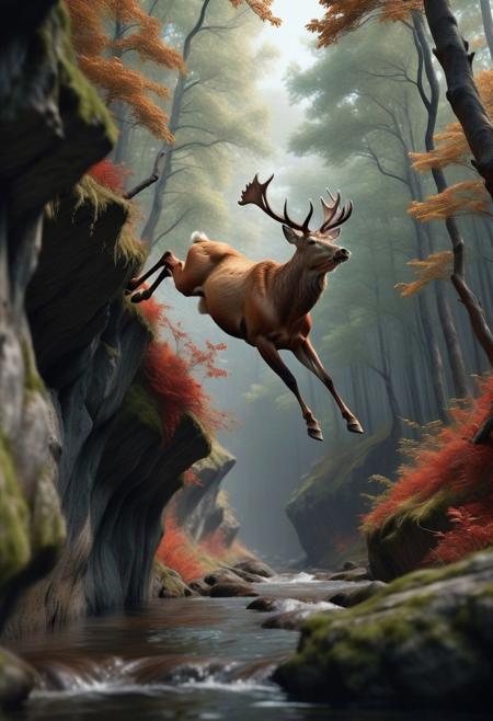 A RED DEER is jumping OVER A CHASM IN A DENSE FOREST. CLEAR DETAILS .A DELIGHTFUL MASTERPIECE. HYPERREALISM