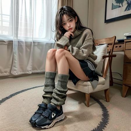 (best quality, masterpiece), shiny body,  shiny skin,
an image of a girl wearing sweater sitting on a chair,  (wearing loose socks, dark green, gray, camel), skirt, 1girl, lower body, sneakers, solo, sitting, skirt,  carpet,loose socks, heaps socks,
<lora:flat2:-1> <lora:heaps_socks_16:0.8>