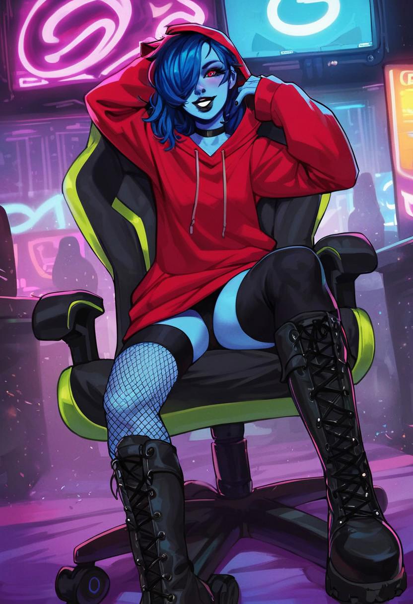 score_9, score_8_up, score_7_up, 4K4BUR5TYL3, Jabstyle, SFW, 1girl, solo, colored skin, blue skin, red eyes, blue sclera, long hair, blue hair, messy hair, ringed eyes, oversized hoodie, red hoodie, combat boots, platform boots, knee boots, black thighhighs, fishnet stockings, black choker, blue drawstrings, black lips, hair over one eye, evil smile, gesugao, medium hair, hair over shoulder, bangs, black nails, black footwear, black laces, hood down, one arm out selfie, dynamic angles, dynamic pose, sitting on chair, gaming chair, detailed background, highly detailed, neon lights, gaming room