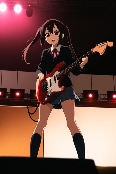 ((masterpiece)), <lora:nakano-azusa-v1.1:0.8>, nakano azusa, 1girl, short thin body, long dark hair, twin tails, brown eyes, playing red guitar, eletric guitar, (opened mouth:0.7), school uniform, short skirt, low angle, from below, standing on stage, (red-blue:0.3) spotlights BG, closeup