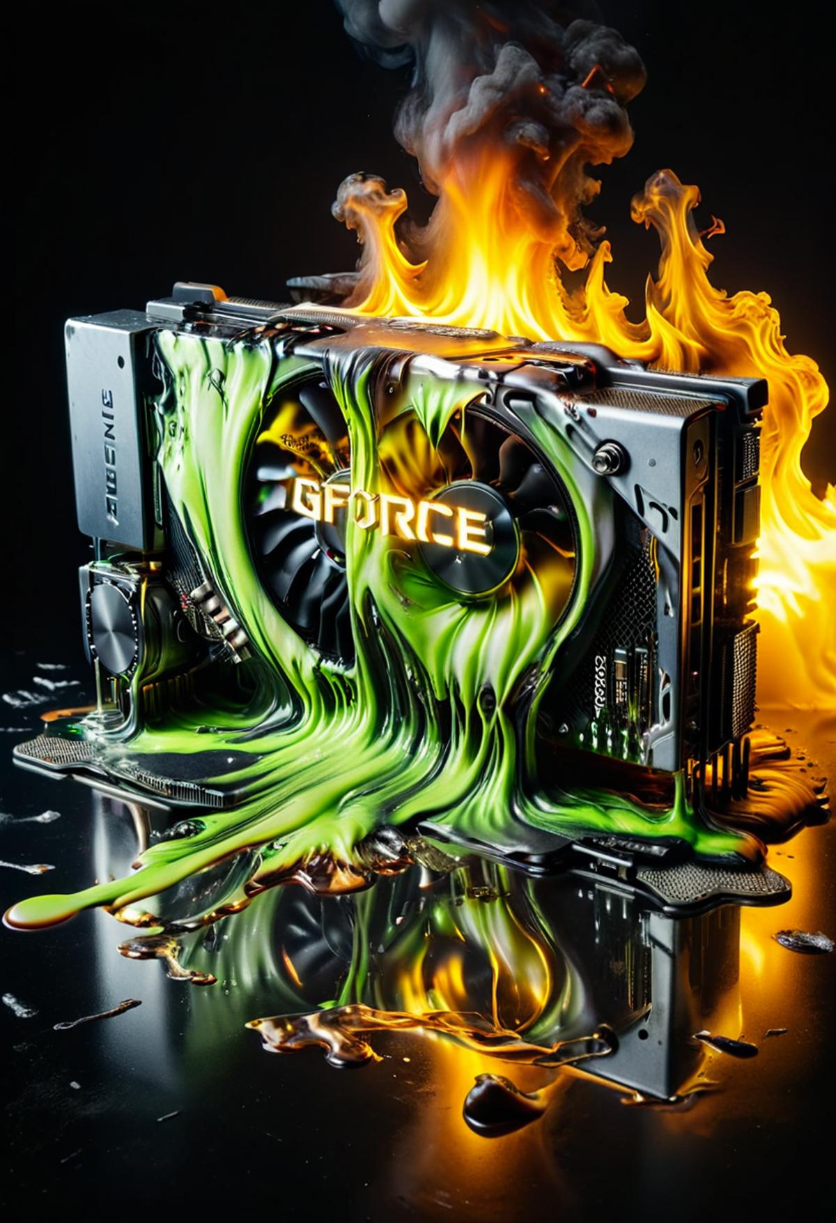 A Fire and Liquid-Covered Computer with a Gaming Logo