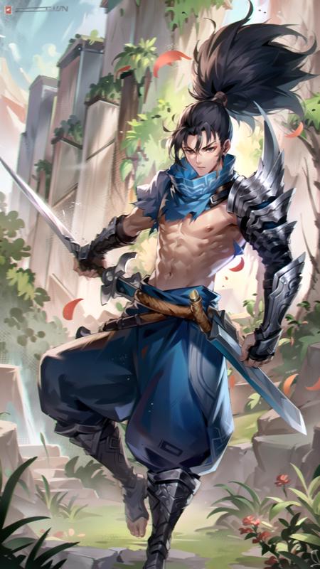 highly detailed, beautiful, small details, ultra detailed, best quality, digital illustration, detailed, intricate, 4k, good anatomy, intricate details, masterpiece, (illustration:1.1), highres, masterpiece, yasuo, league of legends, yasuo_(league_of_legends), weapon, sword, ponytail, 1boy, holding, outdoors, holding weapon, tree, male focus, sheath, black hair, mask, armor, long hair, ninja, muscular, katana, sickle, holding sword, solo focus, sheathed