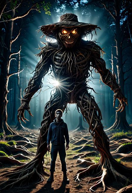 A terrified man in a desolate field at night, looking over his shoulder with fear. A massive, shadowy creature looms in the background, its glowing eyes piercing through the darkness. The atmosphere is eerie and tense, capturing the feeling of being hunted by something supernatural. Cinematic, ultra-realistic, 8K resolution, horror aesthetic. Scarecrow style. The size of two people
made out of forest and roots. Very detailed forest and roots background. Bokeh, depth_of_field, masterpiece, absurdres, vibrant, dynamic pose, dynamic dramatic angle, sun rays, sun enlighten, very colorful, highly detailed, , An artistic marvel, merging rich comic book aesthetics with ultra-HD sharpness and striking 8K depth. Meticulous craftsmanship ensures that every nuance of the motif shines in extraordinary resolution.