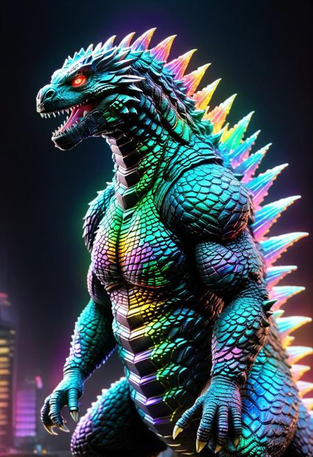best quality, h4v_h0l0, (godzilla:1.5), 
RGB colors, iridescent, neon, scifi, glowing, black background, depth of field, cinematic, colorful, realistic, masterpiece, intricate details,