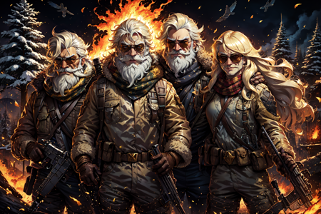 YellowSnow, 1girl, long hair, smile, blonde hair, gloves, holding, jacket, weapon, white hair, multiple boys, 2boys, scarf, holding weapon, tree, lips, gun, fur trim, military, facial hair, bird, sunglasses, fire, holding gun, rifle, beard, handgun, realistic, aircraft, mustache, cheese, liquid, explosion, old, submachine gun, <lora:YellowSnow:0.8>