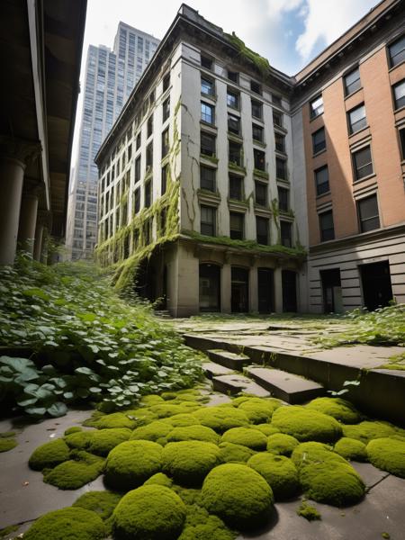 Hyperrealistic urban scene with cloudy skies looming overhead. a weathered skyscraper stands sentinel, its facade a canvas for nature's rebellion. Vines and roots snake up its concrete skin, reaching rooftops like verdant claws. a grand, abandoned library basks in a shaft of sunlight that pierces the gloom. Sunlight streams through shattered stained-glass windows, illuminating a moss-covered floor where vines curl around dusty bookshelves. A lone tree, defying gravity, bursts from the shattered dome of the central hall. To the right, a crumbling art deco apartment building defies the desolate streets. Balconies overflow with vibrant wildflowers and exotic plants, a riot of color against the decaying concrete jungle. In the foreground, a cracked sidewalk surrenders to the verdant invasion. Creeping green tendrils weave between broken cobblestones, and glowing mushrooms nestle in the shadows. Focus on hyperrealistic detail, contrasting the gritty decay with the lush vegetation. Use dramatic lighting, with shafts of sunlight piercing the urban canopy, creating a quiet, still mood.