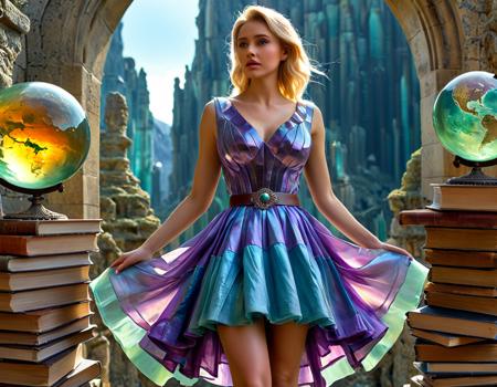 , masterpiece, best quality, amazing quality, very aesthetic, absurdres, newest, highres, high detail, handfixer, flu0rite, focus on character, SFW,
, from below, volumetric lighting, fluorite mineral, iridiscent, loose-fitting full body clothing, v-neck, bionic fiber,   sleeveless, asymmetrical hemline, drop waist, ball gown skirt, d-rings,,ripped or distressed look,belt included,,bleached wash,,pockets,,keyhole back,
background is Wizard's Study with Piles of Books and Antique Globes made by translucent fluorite mineral, outdoors,
<lora:hand 5.5:1> <lora:Dynamic Poses:1> <lora:ponyv5_noobV065S_1_adamW-000013:0.6> <lora:Fluorite_Mineral_SDXL:0.8>,âââ