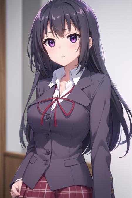 chizuruakaba, <lora:chizuru akaba s2-lora-nochekaiser:1>,
chizuru akaba, long hair, black hair, (purple eyes:1.1),
BREAK skirt, school uniform, plaid, plaid skirt, shirt, white shirt, collared shirt, jacket, long sleeves, black jacket,
BREAK indoors, classroom,
BREAK looking at viewer, (cowboy shot:1.5),
BREAK <lyco:GoodHands-beta2:1>, (masterpiece:1.2), best quality, high resolution, unity 8k wallpaper, (illustration:0.8), (beautiful detailed eyes:1.6), extremely detailed face, perfect lighting, extremely detailed CG, (perfect hands, perfect anatomy),