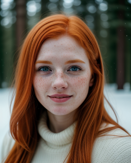 cinematic photo (art by Mathias Goeritz:0.9) , photograph, Lush Girlfriend, looking at the camera smiling, Rich ginger hair, Winter, tilt shift, Horror, specular lighting, film grain, Samsung Galaxy, F/5, (cinematic still:1.2), freckles . 35mm photograph, film, bokeh, professional, 4k, highly detailed