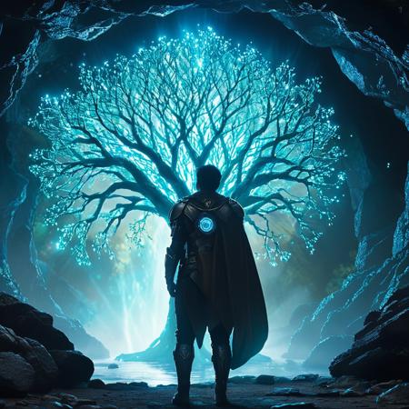 <lora:2020s_Sci-Fi_MovieSDXL:1> ArsMovieStill, Movie still from a 2020s Sci-Fi movie, The image shows a human male wearing armor and a cosmic cape on his back, standing in front of a large tree in a cave surrounded by rocks and illuminated by lights. The tree is a representation of the concept art of the movie, the tree of life, solo, tree, 1boy, scenery, standing, short hair, water, silhouette, from behind, reflection