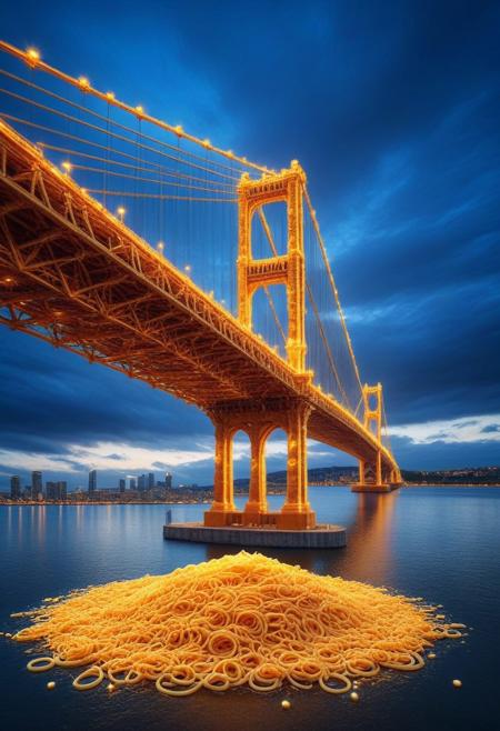 DFC, masterpiece , prt, glossy picture, hd photo, best quality, selective brightness, scenery,building,bridge ,cityscape,sky,outdoors,cloud,cloudy sky,bridge made of fried spaghetti