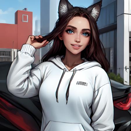 (masterpiece:1.2, best quality:1.2, high resolution), <lora:Luxury_Girl-04:1> luxury girl,   detailed face, smile, dog ears,  white hoodie,