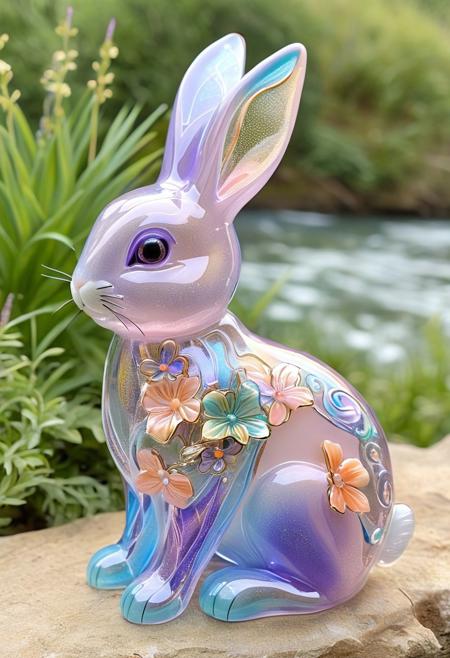 An irresistibly cute bunny sculpted entirely from fused glass, its body shimmering with soft pastel hues of baby pink, lavender, and sky blue. Its translucent ears glow as they catch the sunlight, revealing delicate swirling patterns within. The bunny’s large, glistening eyes reflect the golden sparkle of its magical glass meadow, where tiny, luminous flowers bloom in shades of peach, mint, and lilac.
Floating stained-glass butterflies with intricate wing designs gently flutter around the bunny, their colors shifting as they refract the warm light. A glowing rainbow bridge of crystalline glass arches over a sparkling river of liquid light, leading towards a distant glass castle, softly radiating warmth and magic.
Fused Glass style, ultra-detailed, soft glow, hyper-cute aesthetic, radiant transparency, dreamy pastel palette, enchanting reflections, cinematic depth, heartwarming atmosphere. novuschroma54 style