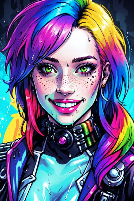 girl, freckles, cyberpunk, (rainbow:1.2), grinning, wet, high quality, <lora:Cosmic Rainbow:0.6>