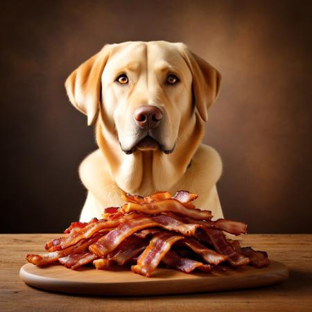 (masterpiece, best quality, very aesthetic, absurdres) A full body photograph of a realistic Labrador Retriever with glossy golden fur, eyes wide with excitement, mouth slightly open, drooling as it stares intensely at a giant pile of crispy, golden-brown bacon. The bacon glistens under warm natural lighting, stacked high on a rustic wooden table. Individual bacon strips have a rich texture with curled edges and a perfect balance of fat and crispiness. The background is softly blurred, creating a cinematic depth of field. The Labrador's expression is one of pure longing and anticipation. Ultra-detailed, photorealistic, high-resolution, warm color tones.