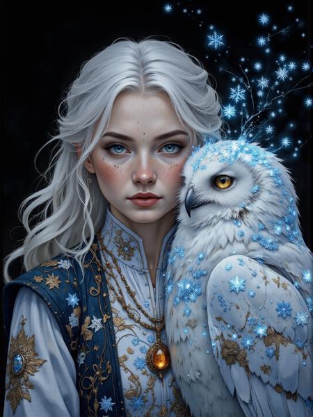 A fierce young woman with cold white hair and blue eyes stands beside a majestic owl. Her freckled skin glows in the cold light of the frost that dance around them. She wears an ornate white and bllue embroidered vest adorned with intricate snow patterns, a matching pendant with an amber gemstone resting at her throat. Her expression is intense, determined, and regal. The owl, its feathers a radiant blend of white snow and blue, presses close to her, its sharp beak and piercing eyes exuding power and wisdom. snowflakes float in the air, casting an ethereal glow against the dark background, as if the world itself bends to their presence.

