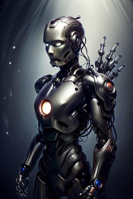 cinematic film still silverpulse, cyborg Iron Man, simple background, high quality, artistic, vibrant colors, detailed textures. futuristic sleek/glossy silver and blue glow, vibrant colors, detailed textures., Concept art, cyborg, background, vintage, modern, SilverPulse, <lora:SilverPulseMorphXL:0.8>, excellent composition, artistic, highly detail, holy, sunny, dynamic dramatic beautiful full taking . shallow depth of field, vignette, highly detailed, high budget, bokeh, cinemascope, moody, epic, gorgeous, film grain, grainy, front view,