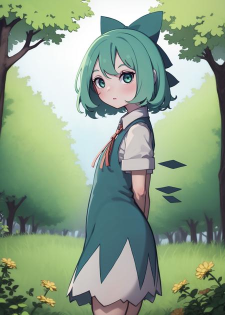 1girl, solo, cowboy shot, (cirno:1.25), arms behind back, flowering clover meadow, forest, countryside
<lora:kame_rebake_old_v2-000020:unet=1:te=1>