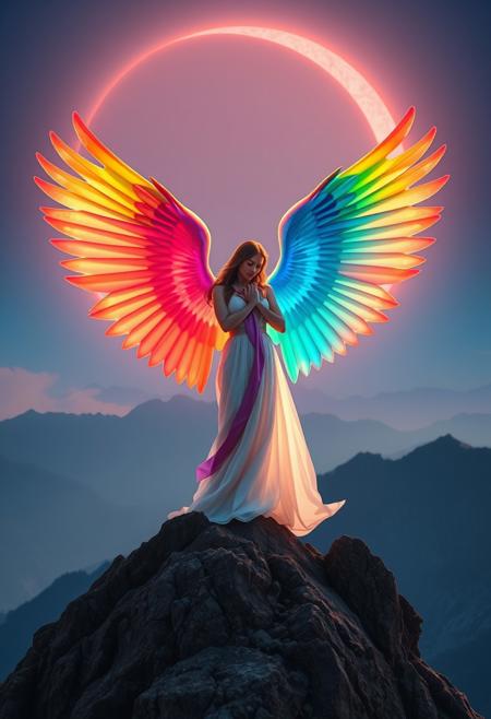 Beautiful Angel, rainbow wings, on a mountain, cinematic photograph with an orange and blue synthwave crescent moon background.