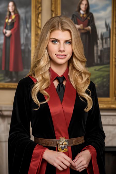 Professional photograph of a wizard woman, (up close portrait) she's 28 years old, she's <lora:charlottemckinney:0.6> charlottemckinney, she is wearing a black wizard's robe, hogwarts style. Shes' got blonde hair combed to the sides. She's nerdy. She's smiling at the viewer, standing in (Hogwarts) - beautiful common room, it's a large living room with wood furniture, a fireplace, paintings on the walls, and red velvet carpet on the ground. (She's wearing a dark robe with a white shirt) she's wearing a (striped red and gold tie). She's tall and pretty, freckled, and has a toothy smile. Looks like a nerd. 8k, masterpiece, highest quality, fantasy genre. (She's from Gryffindor.) harry potter genre. Bokeh, contrasting colours, warm lighting, British school scene, highest quality