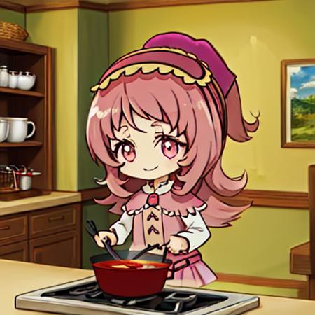 stone walls, indoors, kitchen BREAK solo, camellia, cute, smiling, chibi, pink eyes, cooking <lora:pk_camellia-000016:0.8>