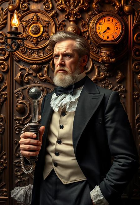 A Victorian-era inventor standing beside an intricate, stylized portraiture, cinematic lighting, golden age illustration, dramatic realism, elegant posing, sculptural form, vintage glamour, editorial sophistication, rich textures, bold yet refined composition, expressive detail, timeless fashion aesthetics, modern photography meets classic illustration