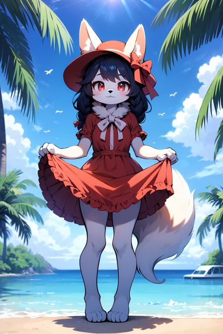 1girl, furry female, furry, dress, solo, watercraft, boat, animal ears, braid, tail, outdoors, red dress, cloud, hat, body fur, sky, long hair, smile, day, fox tail, barefoot, tree, fox girl, water, looking at viewer, ocean, fox ears, short sleeves, standing, palm tree, skirt hold, black hair, full body, animal nose, closed mouth, blue sky, white fur, frills, frilled dress, orange fur, red eyes, white headwear, single braid, bow, sun hat, ribbon,