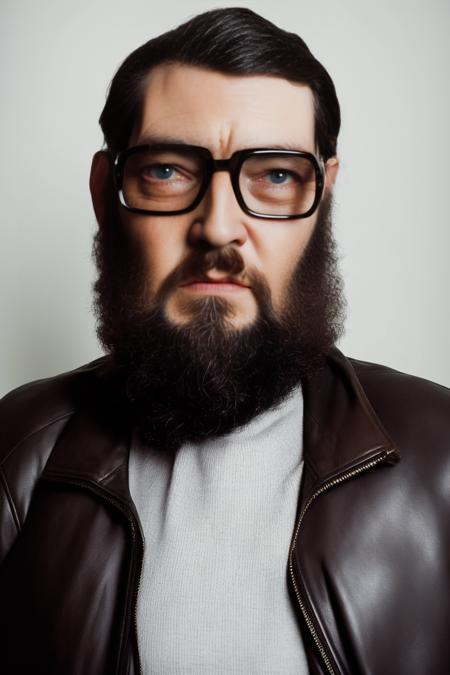 analog style, modelshoot style, portrait of sks man with beard and glasses and leather jacket by Flora Borsi, style by Flora Borsi, bold, bright colours, dark hair, ((Flora Borsi)) <lora:cortazar:1>