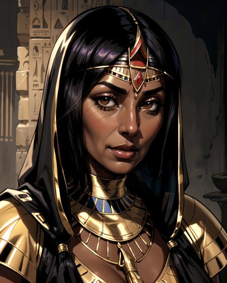 portrait, face, mature [old:0.3] woman, Egyptian priestess, straight short Egyptian detailed hair, dark skin, realistic, shiny silk cloth