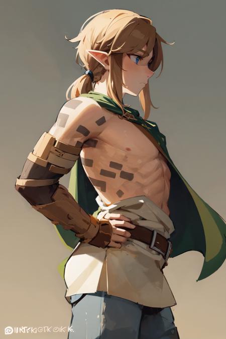 (masterpiece:1.3), best quality, ultra-detailed, <lora:tloz_link_totk-10:0.8>, from side, solo, male focus, 1boy, link \(totk\), expressionless, tunic, cloak, pants, belt, single bare shoulder