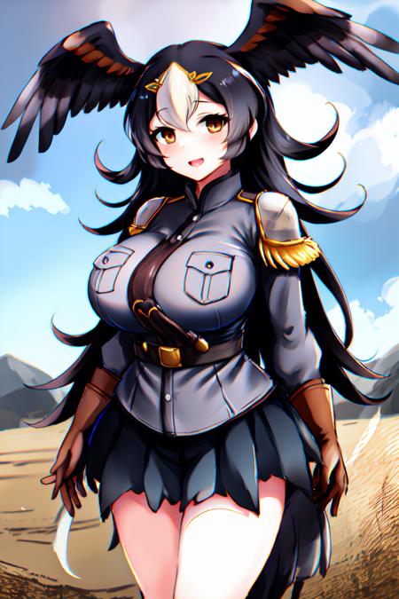 <lora:StriatedCaracaraKemonofriends_Falklandcaracara:0.7>,CARACARA_old
1girl,solo,masterpiece, best quality, high quality,delicate facial features,mishoujo,hyper_detail,game cg, finely detailed beautiful eyes and detailed face,lustrous skin,colorful
striated_caracara_(kemono_friends), bird wings, multicolored hair,  black hair,brown hair,white hair, blonde hair,long hair, head wings, bird girl, bird tail,brown eyes, (huge breasts:1.2), 
skirt, boots, gloves,  epaulettes,uniform, yellow footwear, jacket, black skirt,long sleeves,brown gloves, military uniform, fur trim, military, belt, 
(looking at viewer:1.2), (standing:1.2), (cowboy shot:1.4),blush,smile,open mouth, 
(field:1.4), (blue_sky:1.2),cloud,mountain