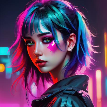 portrait of vixx with colorful paint on her hair, in the style of cyberpunk manga, bold color palette, gothcore, charming characters, dc comics, hd, pop-culture-infused, detailed, realistic, 8k uhd, high quality