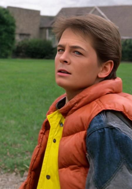 <lora:mrtmcfl_v3.1:1> mrtmcfl, a young man cosplay marty mcfly 1980s in a yellow protection suit