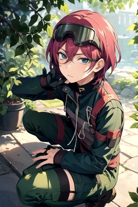 <lora:Ibara-04:0.8>,ibaraes, looking at viewer, short hair, gloves, hair between eyes, outdoors, black gloves, pants, fingerless gloves, leaf, sunlight, squatting, goggles, goggles on head, camouflage, camouflage pants